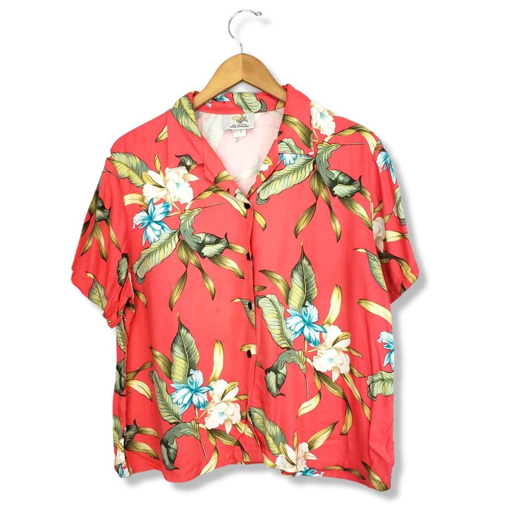 Vintage Ho Aloha Coral Pink/ Red Tropical Floral Button-up Size Large